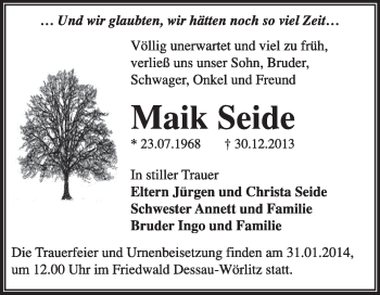 Traueranzeige von Maik Seide von Super Sonntag Dessau / Köthen