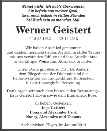 Traueranzeige von Werner Geistert von WVG - Wochenspiegel Aschersleben