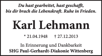 Traueranzeige von Karl Lehmann von Super Sonntag Wittenberg