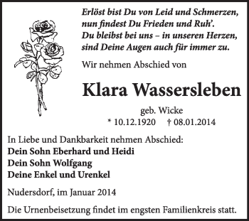 Traueranzeige von Klara Wasserleben von Super Sonntag Wittenberg