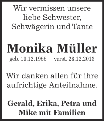 Traueranzeige von Monika Müller von Super Sonntag SGH Mansf. Land