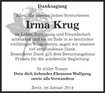 Traueranzeige von Irma Krug von Super Sonntag Zeitz