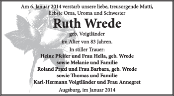 Traueranzeige von Ruth Wrede von Super Sonntag Wittenberg