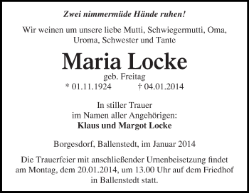 Traueranzeige von Maria Locke von WVG - Wochenspiegel Quedlinburg