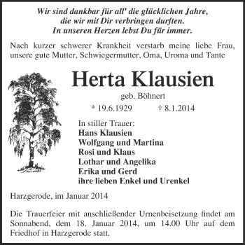 Traueranzeige von Herta Klausien von WVG - Wochenspiegel Quedlinburg