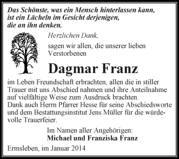 Traueranzeige von Dagmar Franz von Super Sonntag Aschersleben