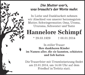 Traueranzeige von Hannelore Schimpf von Super Sonntag Bernburg