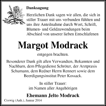 Traueranzeige von Margot Modrack von Super Sonntag Dessau / Köthen