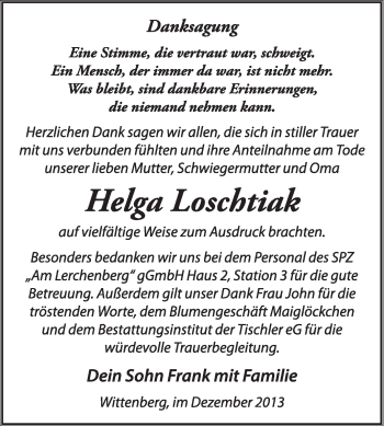 Traueranzeige von Helga Loschtiak von WVG - Wochenspiegel Wittenberg