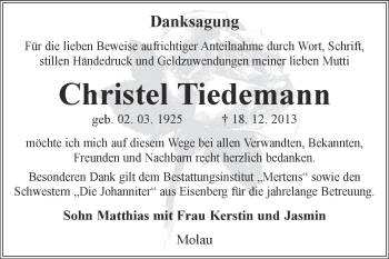Traueranzeige von Christel Tiedemann von WVG - Wochenspiegel NMB / WSF / ZTZ