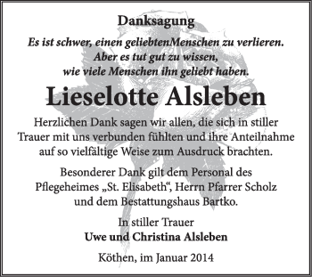 Traueranzeige von Lieselotte Alsleben von Super Sonntag Dessau / Köthen