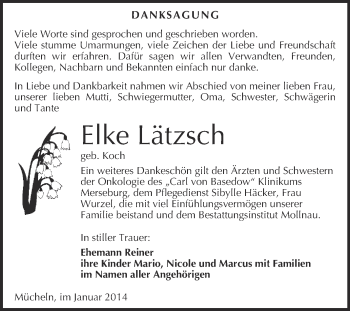 Traueranzeige von Elke Lätzsch von WVG - Wochenspiegel Merseburg