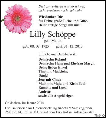 Traueranzeige von Lilly Schöppe von Super Sonntag Zeitz