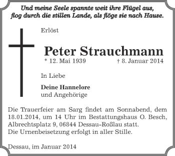 Traueranzeige von Peter Strauchmann von WVG - Wochenspiegel Dessau / Köthen