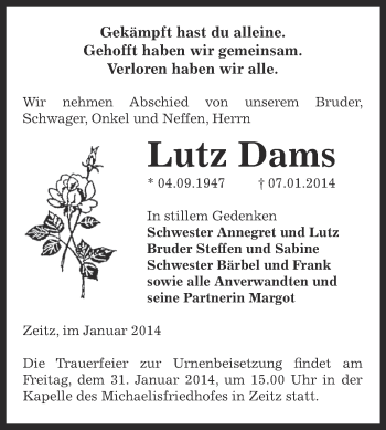 Traueranzeige von Lutz Dams von Super Sonntag Zeitz