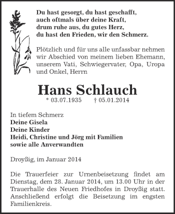 Traueranzeige von Hans Schlauch von Super Sonntag Zeitz