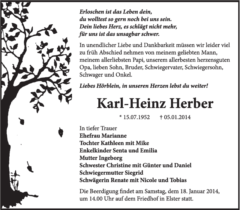  Traueranzeige für Karl-Heinz Herber vom 12.01.2014 aus WVG - Wochenspiegel Wittenberg