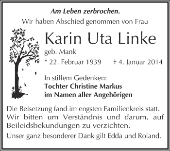 Traueranzeige von Karin Uta Linke von WVG - Wochenspiegel NMB / WSF / ZTZ