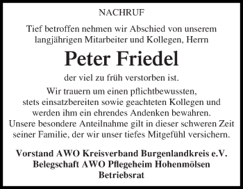 Traueranzeige von Peter Friedel von WVG - Wochenspiegel NMB / WSF / ZTZ