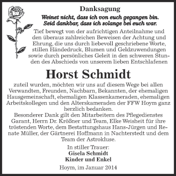 Traueranzeige von Horst Schmidt von WVG - Wochenspiegel Aschersleben