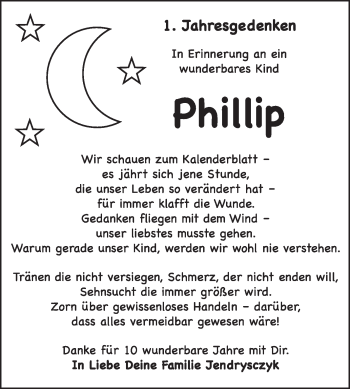 Traueranzeige von Phillip Jendrysczyk von Super Sonntag Wittenberg