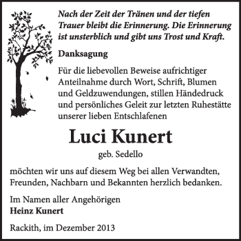 Traueranzeige von Luci Kunert von WVG - Wochenspiegel Wittenberg