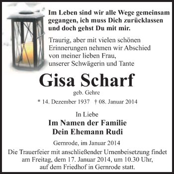 Traueranzeige von Gisa Scharf von WVG - Wochenspiegel Quedlinburg
