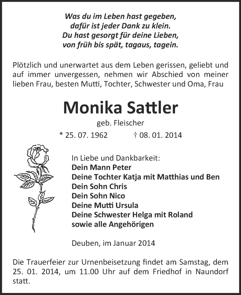  Traueranzeige für Monika Sattler vom 15.01.2014 aus WVG - Wochenspiegel NMB / WSF / ZTZ