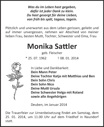 Traueranzeige von Monika Sattler von WVG - Wochenspiegel NMB / WSF / ZTZ