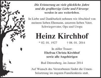 Traueranzeige von Heinz Kirchhof von Super Sonntag Merseburg