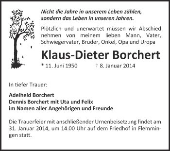 Traueranzeige von Klaus-Dieter Borchert von WVG - Wochenspiegel NMB / WSF / ZTZ