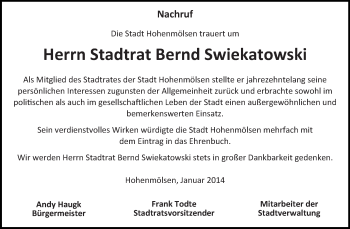 Traueranzeige von Bernd Swiekatowski von WVG - Wochenspiegel NMB / WSF / ZTZ