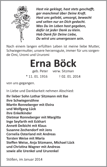 Traueranzeige von Erna Böck von WVG - Wochenspiegel NMB / WSF / ZTZ