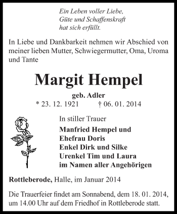 Traueranzeige von Margit Hempel von WVG - Wochenspiegel SGH