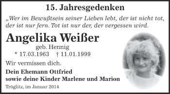 Traueranzeige von Angelika Weißer von Super Sonntag Zeitz