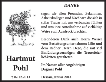 Traueranzeige von Hartmut Pohl von Super Sonntag Dessau / Köthen