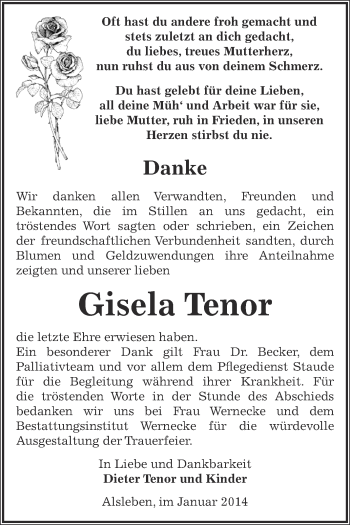 Traueranzeige von Gisela Tenor von Super Sonntag Bernburg
