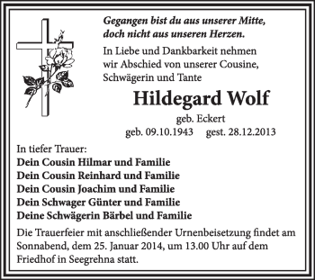 Traueranzeige von Hildegard Wolf von Super Sonntag Wittenberg