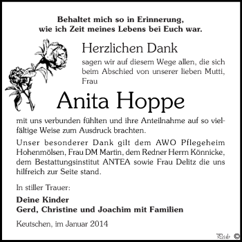 Traueranzeige von Anita Hoppe von WVG - Wochenspiegel NMB / WSF / ZTZ