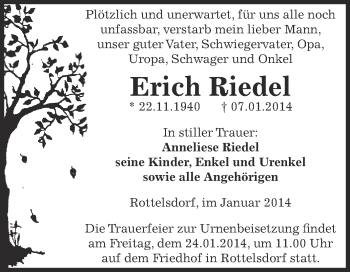 Traueranzeige von Erich Riedel von Wochenspiegel Mansfelder Land