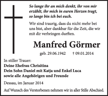 Traueranzeige von Manfred Görmer von Super Sonntag Dessau / Köthen