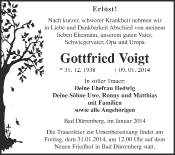 Traueranzeige von Gottfried Voigt von Super Sonntag Merseburg