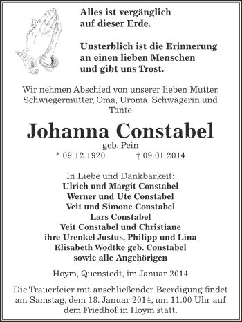 Traueranzeige von Johanna Constabel von WVG - Wochenspiegel Aschersleben