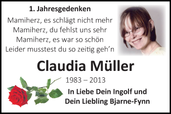 Traueranzeige von Claudia Müller von WVG - Wochenspiegel NMB / WSF / ZTZ
