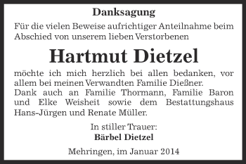 Traueranzeige von Hartmut Dietzel von WVG - Wochenspiegel Aschersleben