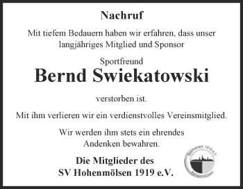 Traueranzeige von Bernd Swiekatowski von WVG - Wochenspiegel NMB / WSF / ZTZ