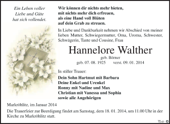 Traueranzeige von Hannelore Walther von WVG - Wochenspiegel NMB / WSF / ZTZ