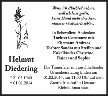 Traueranzeige von Helmtu Diedering von Super Sonntag Dessau / Köthen
