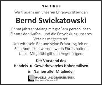 Traueranzeige von Bernd Swiekatowski von WVG - Wochenspiegel NMB / WSF / ZTZ