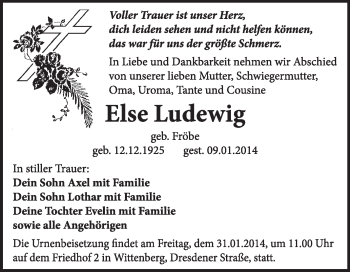 Traueranzeige von Else Ludewig von Super Sonntag Wittenberg